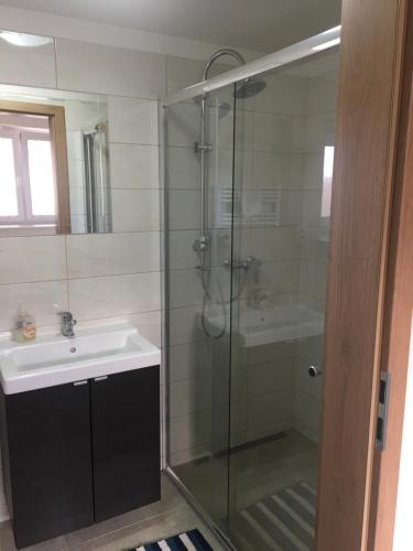a bathroom with a glass shower and a sink at Podhájska - Holiday in Podhájska