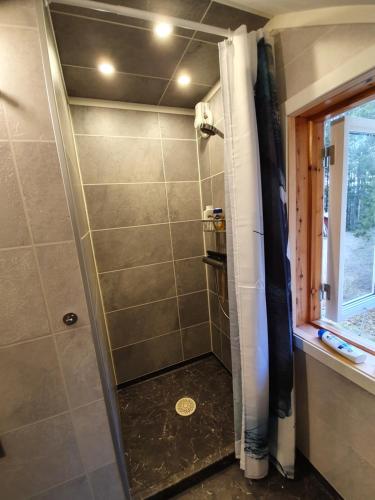 a shower with a glass door in a bathroom at Ferienwohnung Lövåsängen im Waldbauernhof, Årjäng in Årjäng