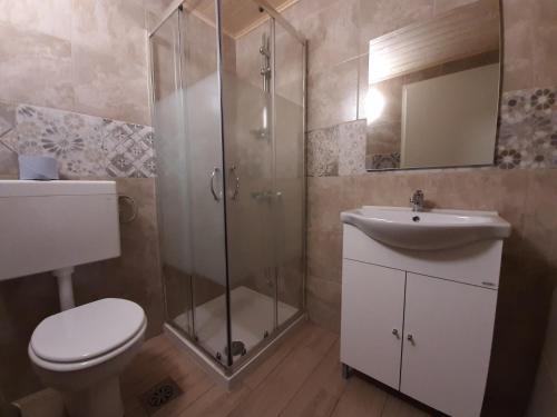 a bathroom with a shower and a toilet and a sink at Apartments Rupnik in Bovec