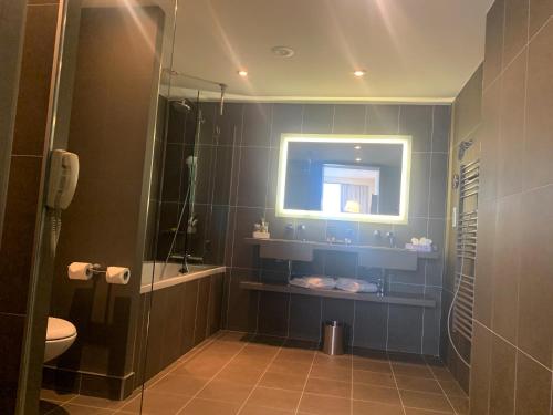 a bathroom with a shower and a toilet and a mirror at Novotel Sofia in Sofia
