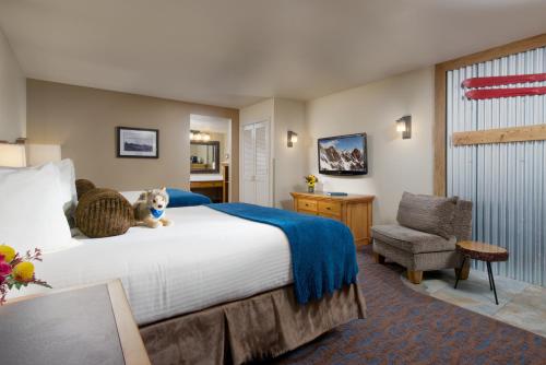 a hotel room with a dog sitting on a bed at The Rockwell Inn in Jackson