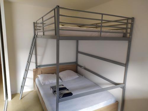 Ce lit superposé se trouve dans un dortoir avec une échelle. dans l'établissement T1 Bis Cosy avec 6 couchages proche de la mer - Quartier Minimes, à La Rochelle