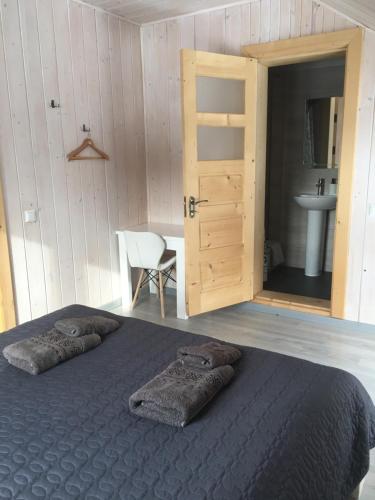 a bedroom with two beds and a sink and a cabinet at Shum Cheremosha in Verkhovyna
