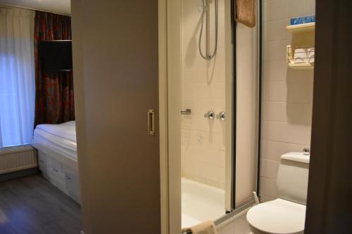 a bathroom with a shower and a toilet and a bed at Hotel Atlanta in Valkenburg