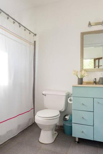 a bathroom with a white toilet and a blue dresser at Casa Galpón en la Laguna de Aculeo in Paine