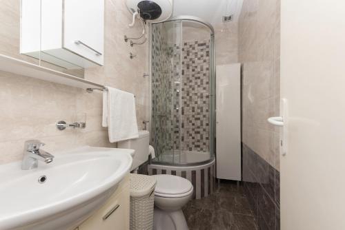 a bathroom with a sink and a toilet and a shower at Apartment Ana Chill in Bast in Bast