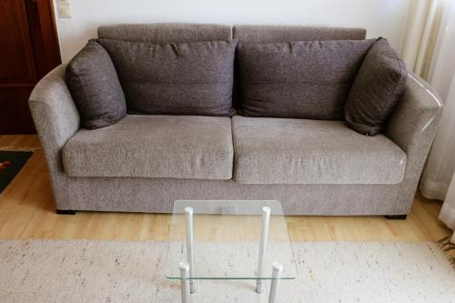 a living room with a couch and a glass table at Haus Alpina in Sonnenalpe Nassfeld