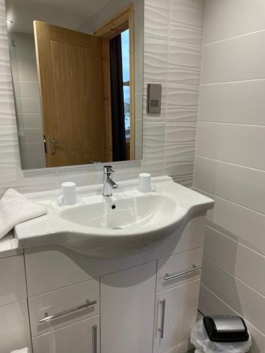 a bathroom with a white sink and a mirror at Woodlands Hall Hotel in Ederyn