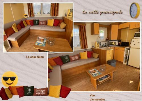 a collage of pictures of a living room and a kitchen at MobH Comfy in Dinard