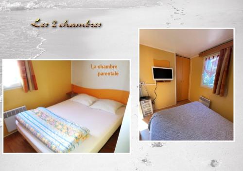 two pictures of a bedroom with a bed and a television at MobH Comfy in Dinard