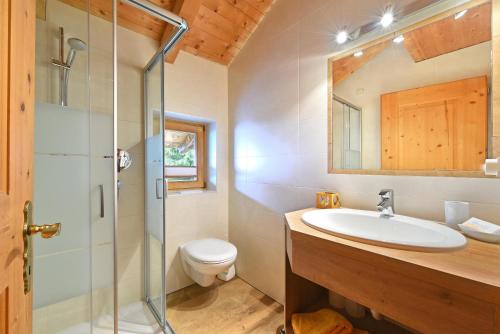 bagno con lavandino, servizi igienici e specchio di Birkenhof - Wohnung Bichel a Sluderno