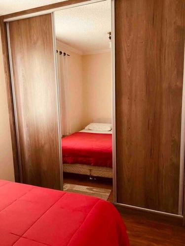 a bedroom with a mirror and a red bed at Aconchegante e prático in Campinas