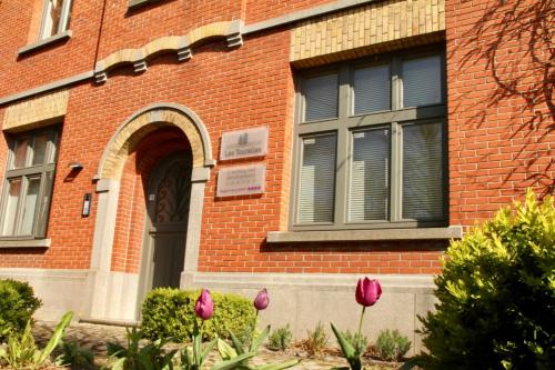 a brick building with pink tulips in front of it at Quiet and cosy apartment near the city center of Diest in Diest