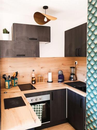 une cuisine avec une cuisinière et un comptoir dans l'établissement STUDIO ÉLÉGANT & MODERNE - ENTRE LAVANDE ET GORGES DU VERDON, à Gréoux-les-Bains