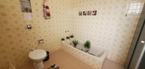 a bathroom with a toilet and a tub and a sink at Hostel Bauru in Bauru