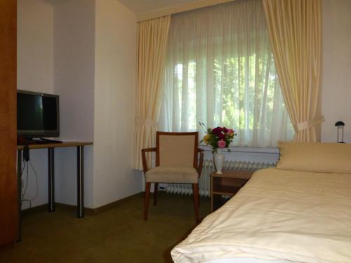 a bedroom with a bed and a desk and a television at Hotel Villa Luise in Bad Rothenfelde