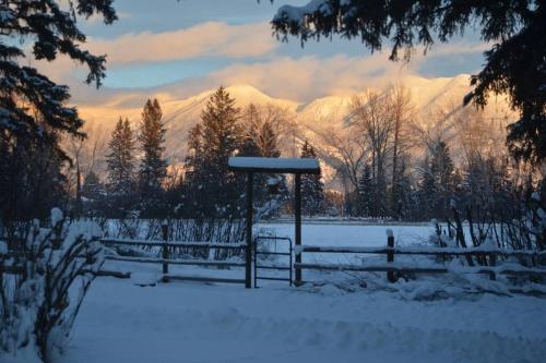 a bench in a snowy field with mountains in the background at Swan Mountain View-Private Basement Suite/10 acres in Kalispell