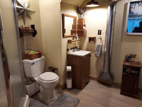 a small bathroom with a toilet and a sink at Swan Mountain View-Private Basement Suite/10 acres in Kalispell