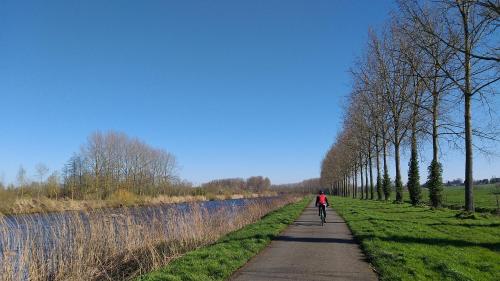 a person riding a bike down a path next to a wall at Muntershof in Velzeke-Ruddershove