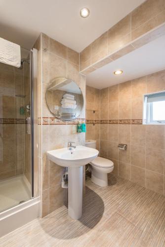 a bathroom with a sink and a toilet and a shower at Tudor Lodge in Porthmadog