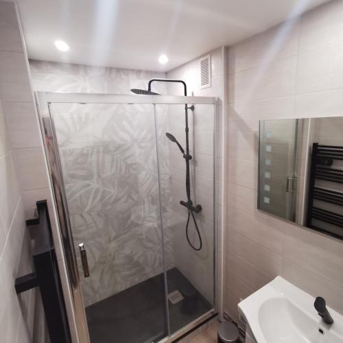 una ducha con una puerta de cristal junto a un lavabo en Chambre cocooning tout confort Saint Marceau, en Orléans