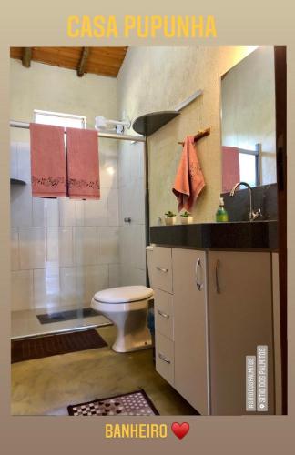La salle de bains est pourvue de toilettes, d'un lavabo et d'un miroir. dans l'établissement Sitio dos Palmitos - Casa Pupunha, à Pedra Azul