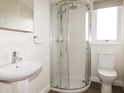 a bathroom with a shower and a sink and a toilet at Acorn Lodge in Redruth