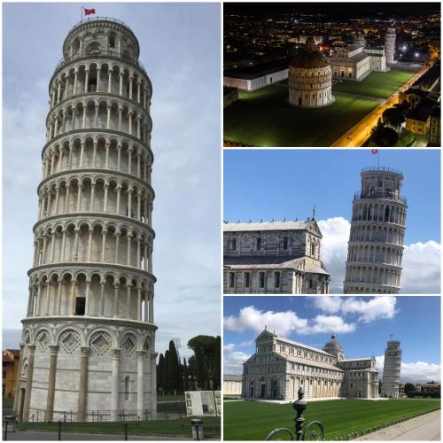 four different pictures of the leaning tower of pisa at Casale Cisanello in Pisa