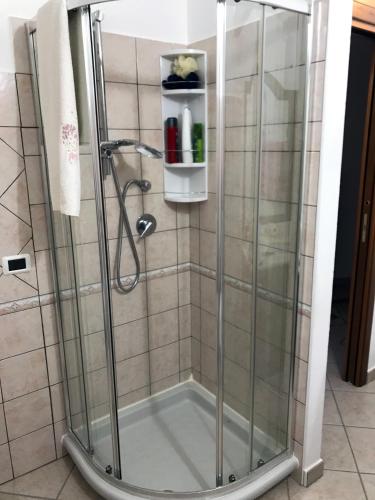 a shower with a glass door in a bathroom at CAMY Apartment Scopri Tortolì Appartamento Centrale vicino alle Spiagge! in Tortolì