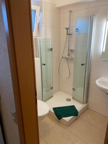 uma casa de banho com um chuveiro, um WC e um lavatório. em Ihr Apartment in der Natur em Schwerte