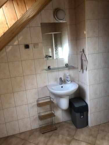 a bathroom with a sink and a mirror at Powroźnik 94 in Muszyna