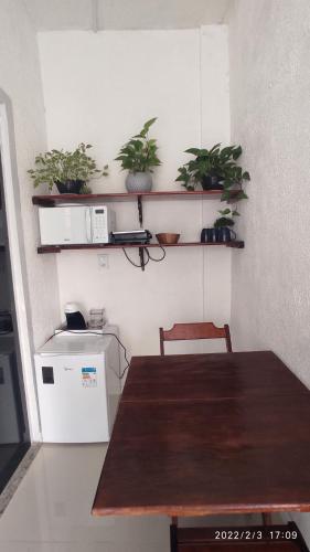 a kitchen with a table and some plants on shelves at BETEL Hospedagem in Penha