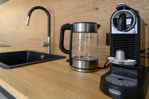 a blender sitting on a counter next to a sink at Dachstein Bock exkl Ferienwohnung vor der Piste in Russbach am Pass Gschütt