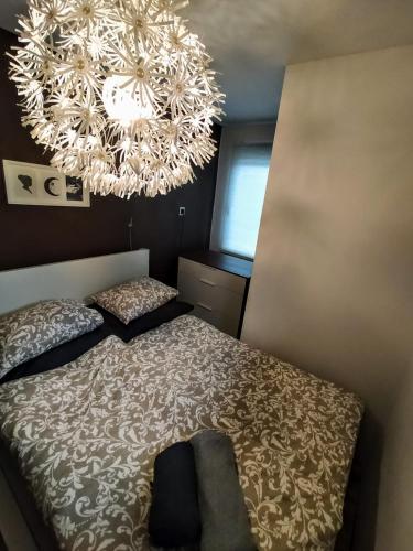 ein Schlafzimmer mit einem Bett und einem großen Kronleuchter in der Unterkunft Prázdninový dům u lesa in Znojmo