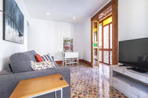 a living room with a gray couch and a flat screen tv at Can Boss - Turismo de Interior in Palma de Mallorca