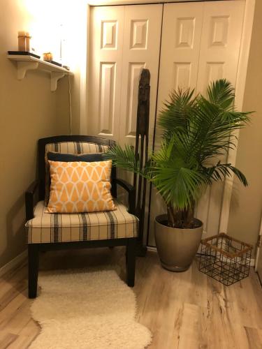 a chair and a plant in front of a door at Country Cottage B&B in Vernon