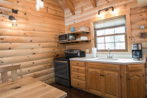 cocina con paredes de madera, fregadero y fogones en Hummingbird Haven Cabin by Amish Country Lodging, en Berlin