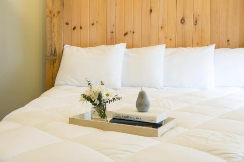 A bed or beds in a room at Village Dreams Cottage by Amish Country Lodging