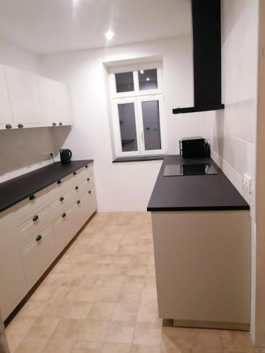 a kitchen with white cabinets and a black counter top at Chata Klášter in Hraběšice