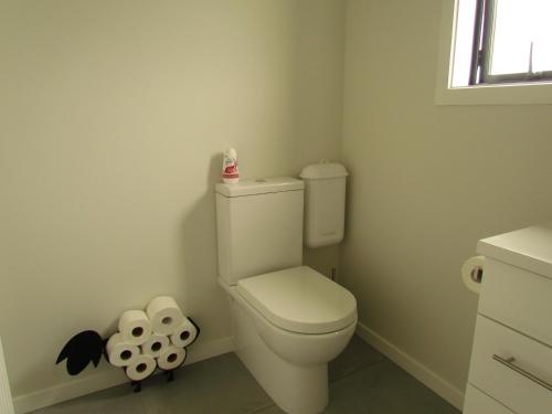 a bathroom with a toilet and some rolls of toilet paper at The Bunkhouse in Waiau