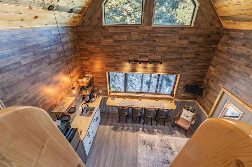 an overhead view of a kitchen in a tiny house at RidgeWalk Treehouse in Angel Fire