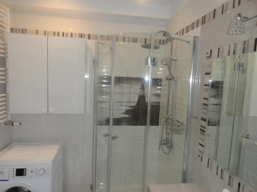 a bathroom with a shower and a washing machine at Lukusowy apartament dla Pary in Mrągowo