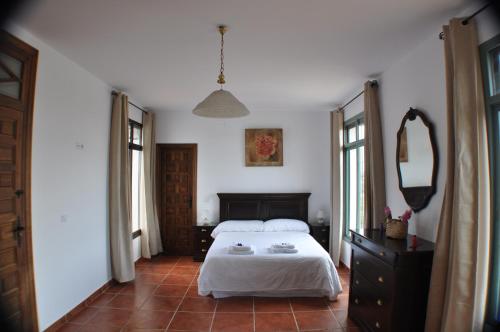 ein Schlafzimmer mit einem Bett und einem großen Spiegel in der Unterkunft Cortijo la amazona in Sevilla