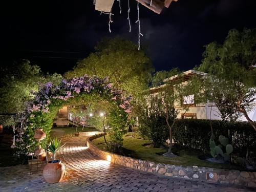a garden at night with an arch with purple flowers at VoyAca Hotel - Alfareria in Villa de Leyva