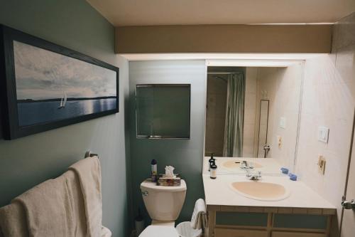 y baño con lavabo, aseo y espejo. en Magog Waterfront Condo en Magog-Orford