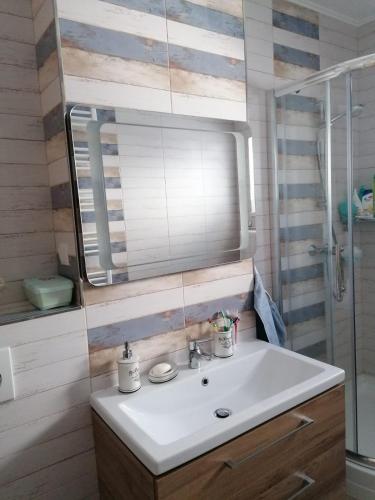 a bathroom with a white sink and a mirror at Matei Residence in Sibiu