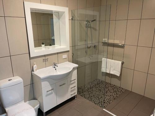 uma casa de banho com um lavatório, um chuveiro e um WC. em Austral Place 88 via Merri River em Warrnambool