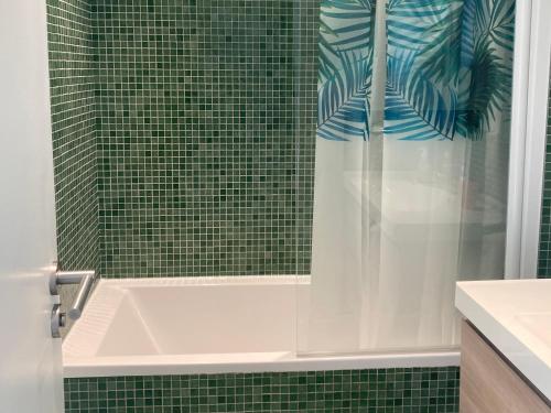 une salle de bain carrelée verte avec une baignoire et une douche dans l'établissement Tortue de Mer, à Antibes