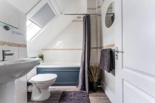 uma casa de banho com um WC, um lavatório e um chuveiro em The Coastal Loft em Bournemouth