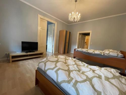 1 dormitorio con 2 camas y TV de pantalla plana en Tränental 4.3 en Staßfurt
